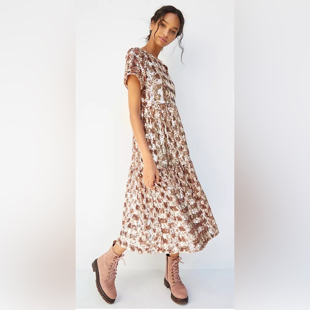 Anthropologie Maeve Bernadette Sequined Midi Dress in rose gold